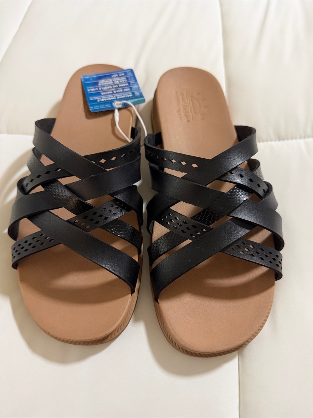 Skechers Black Multi-Strap Slide Sandals with Tan Footbed
